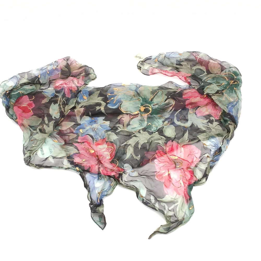 Vintage Emanuel Geraldo Floral Silk Scarf – Gold Metallic Accents
